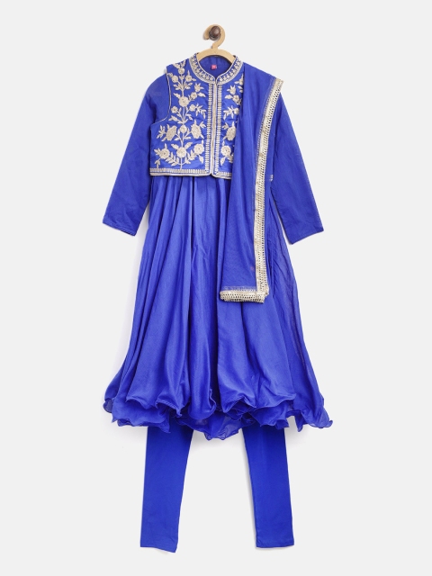 

Biba Girls Blue Solid Anarkali Churidar Kurta with Dupatta & Ethnic Jacket