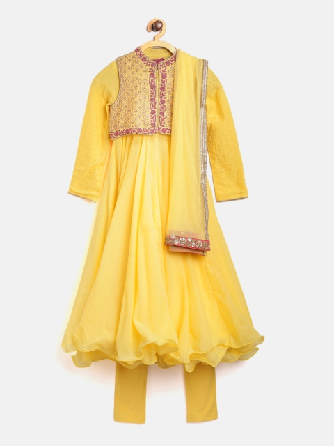 

Biba Girls Yellow Solid Kurta with Ethnic Jacket Churidar & Dupatta