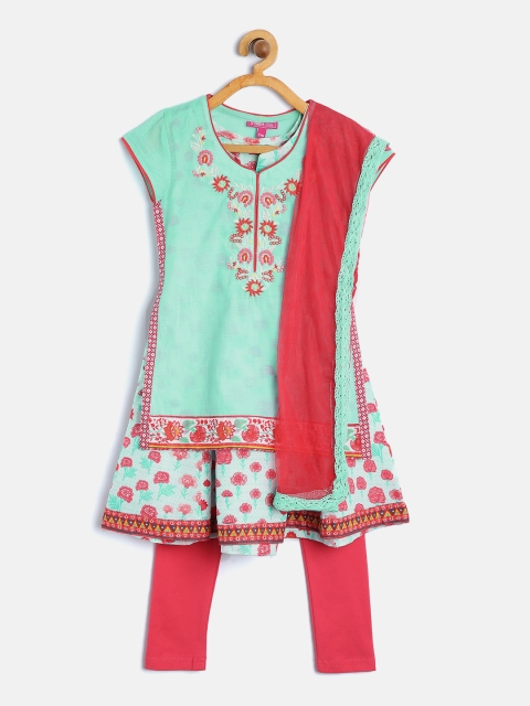 

Biba Girls Blue & Pink Printed Layered Kurta with Churidar & Dupatta