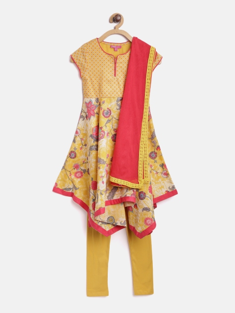 

Biba Girls Yellow & Red Printed Panelled Kurta with Churidar & Dupatta