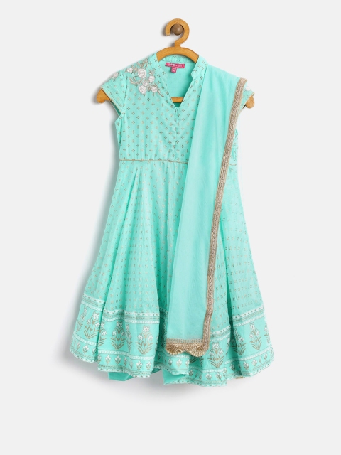 

Biba Girls Sea Green & Gold Printed Anarkali Kurta With Dupatta