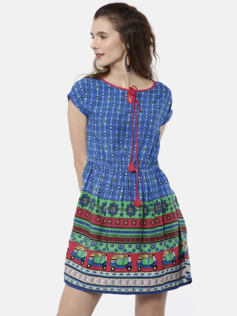 

Bronz Women Blue Printed A-Line Dress