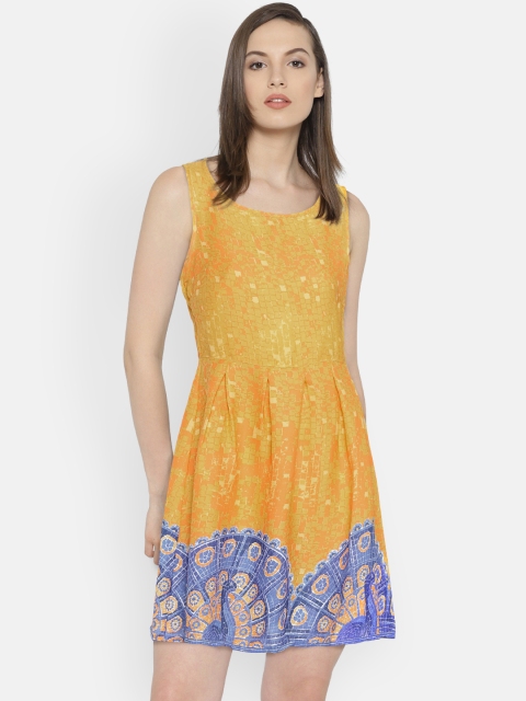 

Bronz Women Mustard Yellow & Blue Printed A-Line Dress