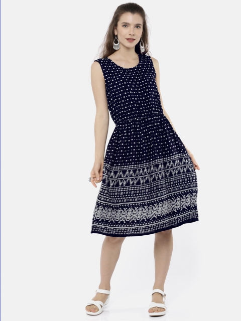 

Bronz Women Navy Blue Printed A-Line Dress