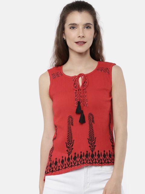 

Bronz Women Red Printed High-Low Pure Cotton Top