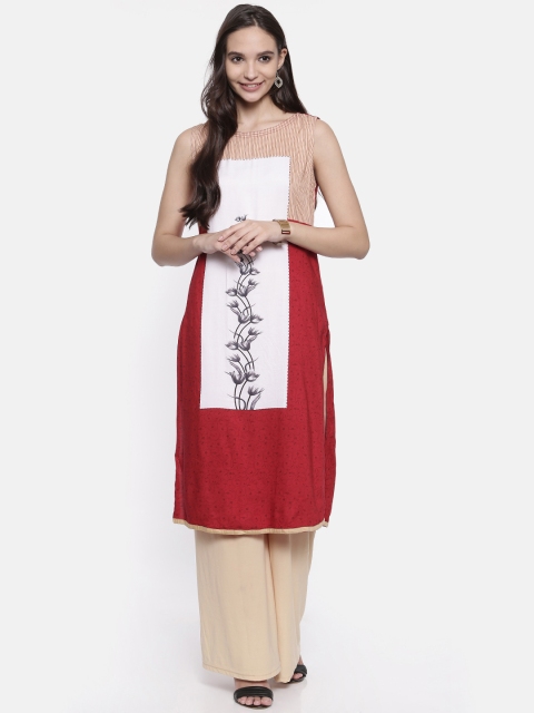 

Karigari Women Red & Off-White Printed Straight Kurta