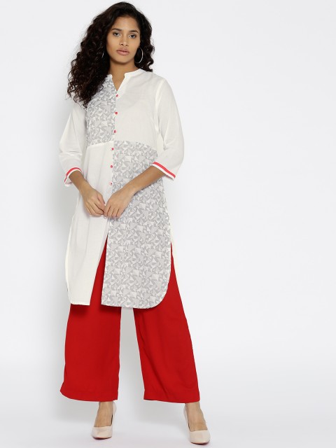 

Karigari Women White & Grey Printed A-Line Kurta