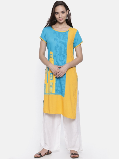 

Karigari Women Blue & Yellow Printed Straight Kurta