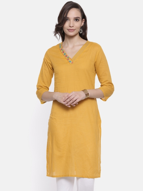 

Karigari Women Mustard Yellow Striped Straight Kurta