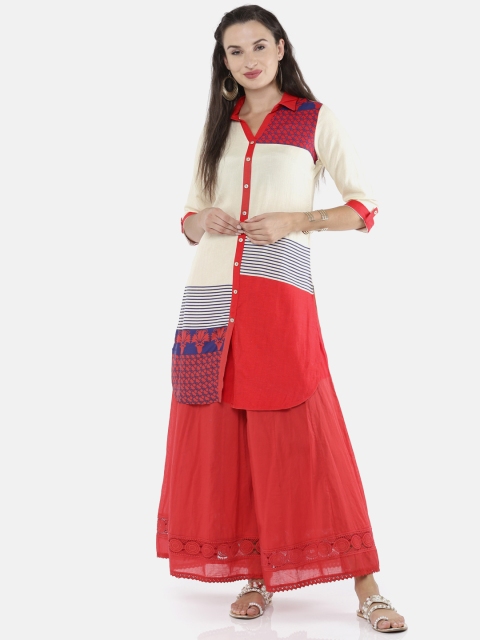 

Karigari Women Cream-Coloured & Red Printed Straight Kurta