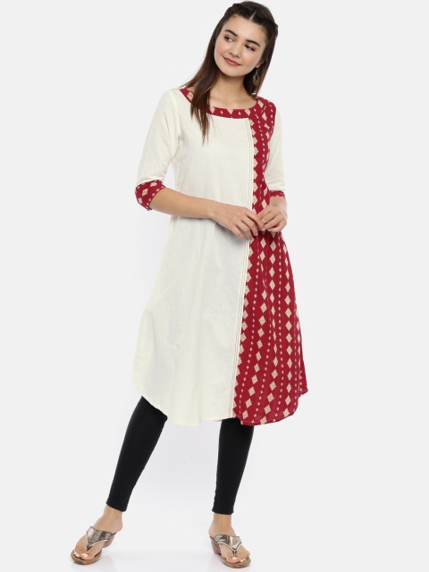 

Anahi Women Off-White & Red Woven Design A-Line Kurta