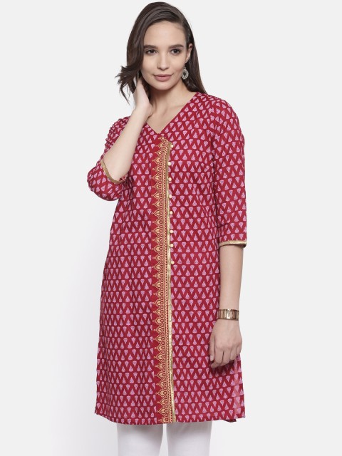 

Karigari Women Maroon & Pink Printed Straight Kurta