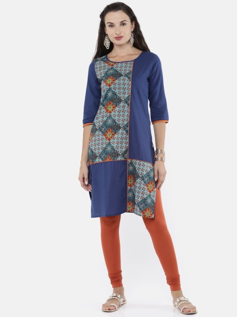 

Karigari Women Navy Blue Printed Straight Kurta