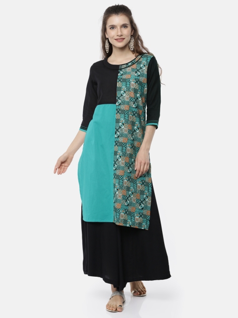 

Karigari Women Black & Teal Blue Colourblocked Straight Kurta