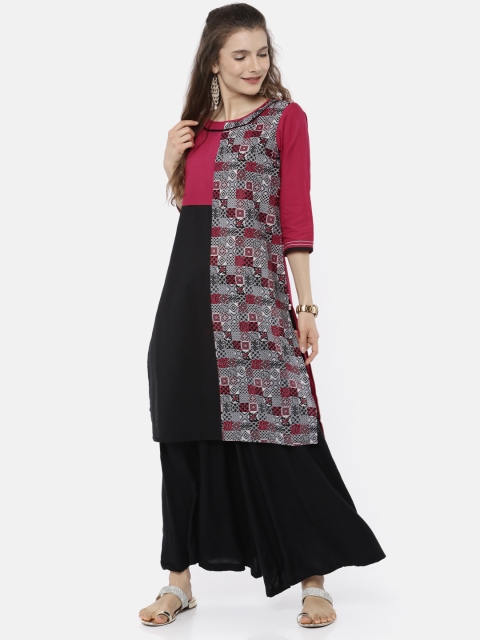 

Karigari Women Pink& Black Printed A-Line Kurta