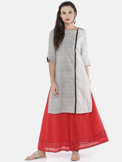 

Karigari Women Black & White Printed Straight Kurta