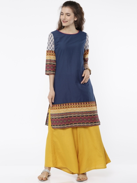 

Karigari Women Navy Blue Printed Straight Kurta