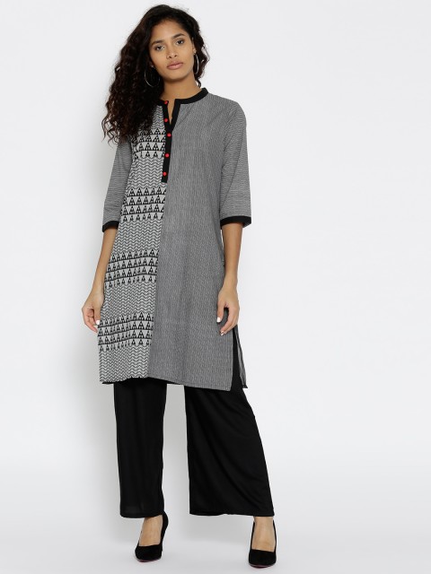 

Karigari Women Grey & Black Printed Straight Kurta