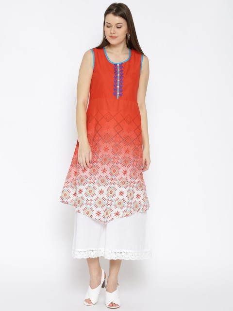 

Karigari Women Coral Red & White Printed Asymmetric A-Line Kurta
