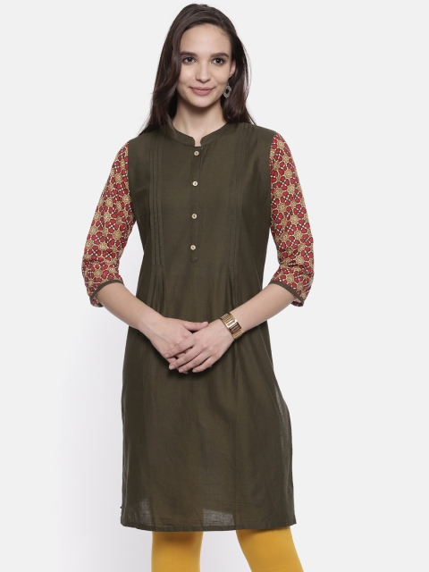 

Karigari Women Olive Green Solid Straight Kurta