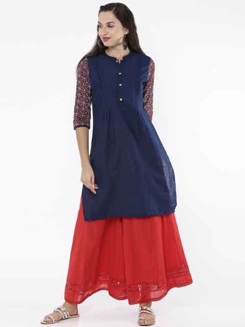 

Karigari Women Navy Blue Solid Straight Kurta
