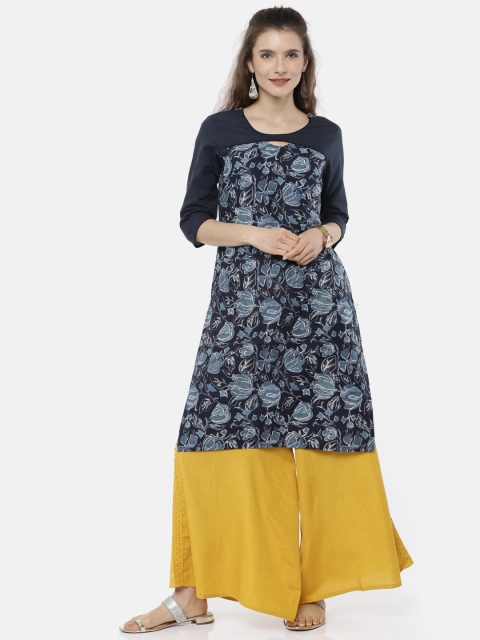 

Karigari Women Navy Blue Printed Straight Kurta
