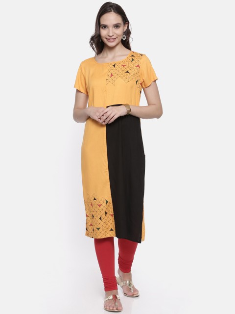 

Karigari Women Mustard Yellow & Black Colourblocked Straight Kurta