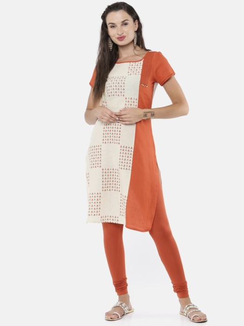 

Karigari Women Beige & Orange Colourblocked Straight Kurta