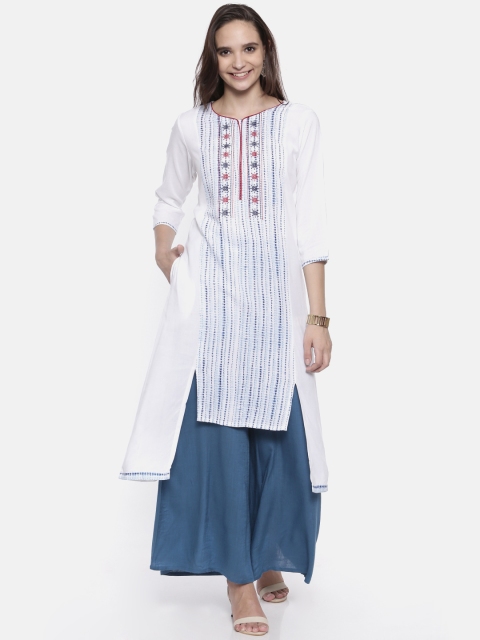 

Anahi Women White & Blue Printed A-Line Kurta