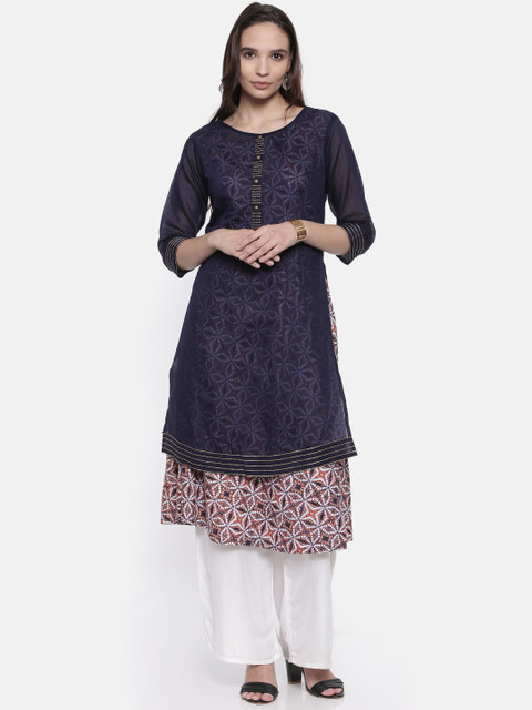 

Anahi Women Navy Printed A-Line Kurta, Navy blue