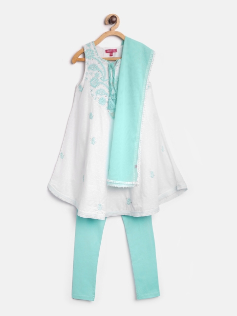 

Biba Girls White & Blue Embroidered Kurta with Churidar & Dupatta