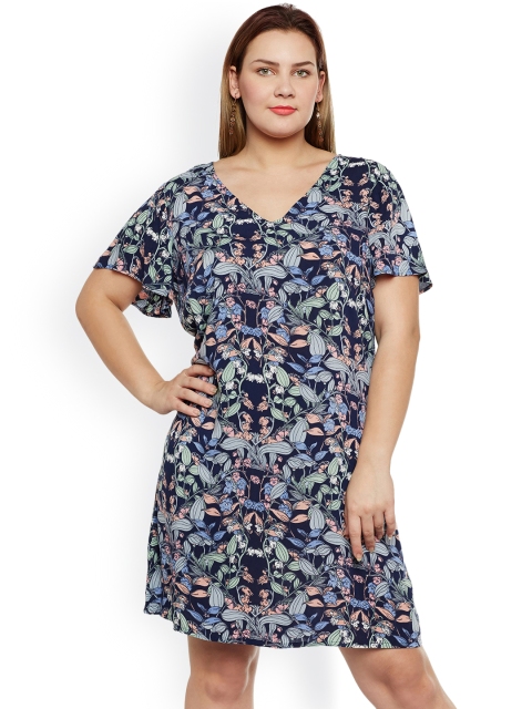 

JUNAROSE Plus Size Women Navy Blue Printed A-Line Dress