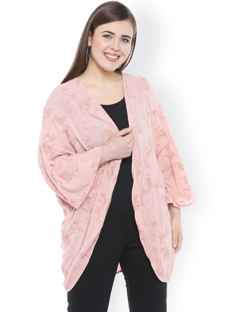 

JUNAROSE Plus Size Peach-Coloured Embroidered Open Front Shrug