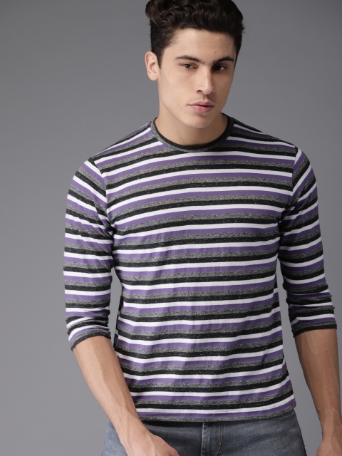 

HERE&NOW Men Purple & White Striped Round Neck T-shirt