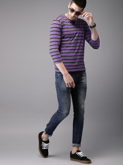 

HERE&NOW Men Purple Striped Henley Neck T-shirt
