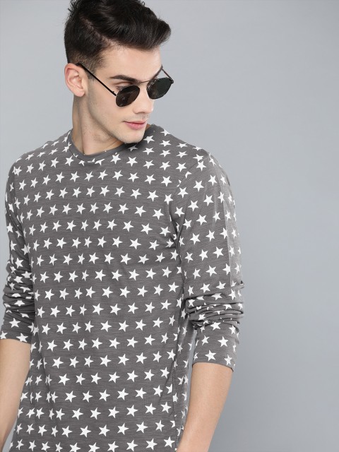 

HERE&NOW Men Grey & White Printed Round Neck T-shirt