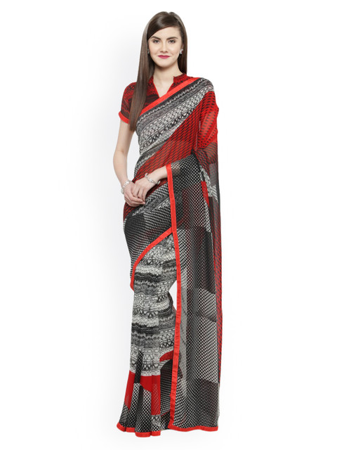 

Shaily Grey & Red Pure Georgette Printed Saree