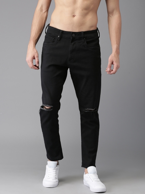 

HERE&NOW Men Black Slim Tapered Fit Mid-Rise Slash Knee Stretchable Cropped Jeans