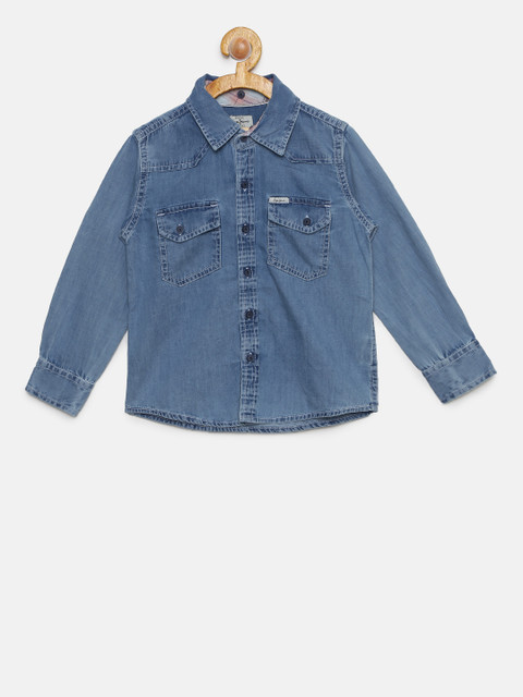 

Pepe Jeans Boys Blue Regular Fit Solid Denim Hooded Casual Shirt