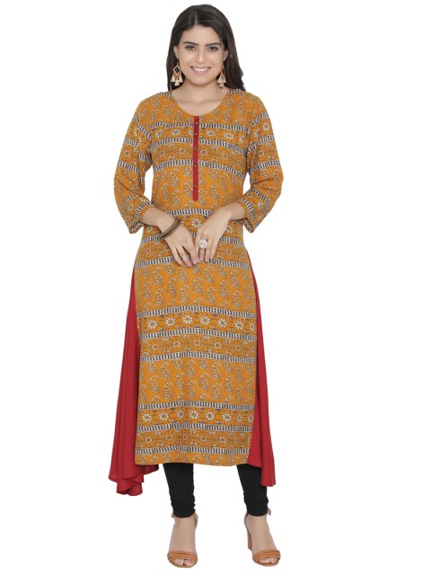 

Shree Women Mustard Yellow & Maroon Printed A-Line Asymmetric Kurta