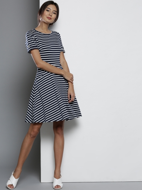 

DOROTHY PERKINS Women Navy & White Striped Fit & Flare Dress, Navy blue