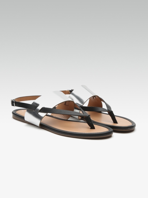 

DOROTHY PERKINS Women Black & Silver-Toned Colourblocked Open Toe Flats