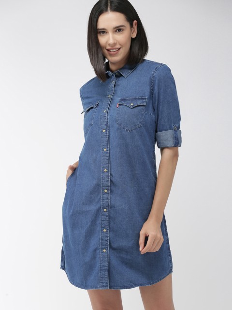 

Levis Women Blue Solid Denim Shirt Dress