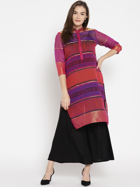 

Jashn Women Magenta & Blue Striped Sheer Straight Kurta