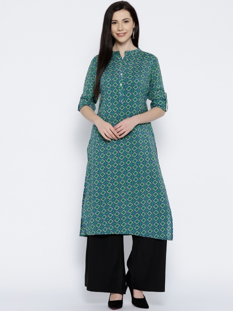 

Jashn Women Green & Navy Blue Printed Crepe Straight Kurta