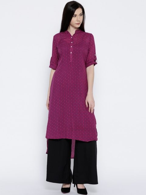 

Jashn Women Pink & Navy Blue Printed Crepe Straight Kurta