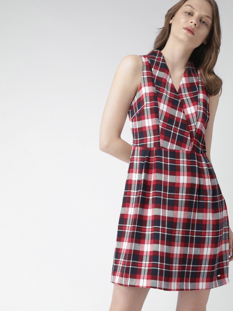 

Tommy Hilfiger Women Navy & Red Checked A-Line Dress, Navy blue