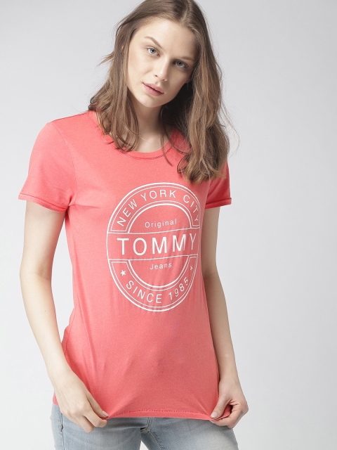 Tommy Hilfiger Women Coral Pink Printed Round Neck T-shirt