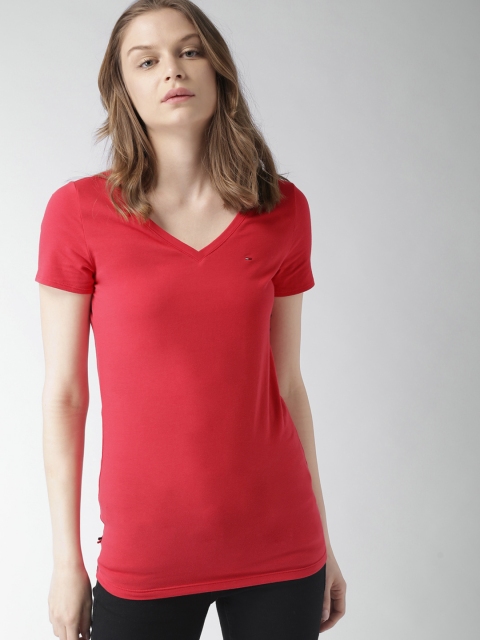 

Tommy Hilfiger Women Red Solid V-Neck T-shirt