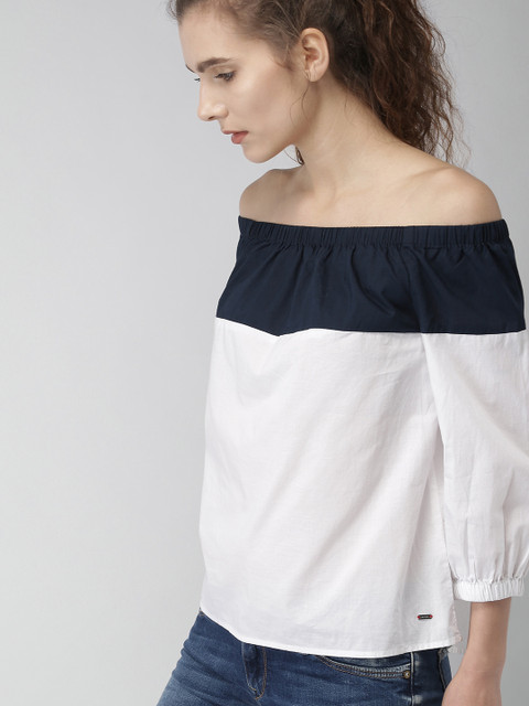 

Tommy Hilfiger Women White & Navy Blue Colourblocked Bardot Top